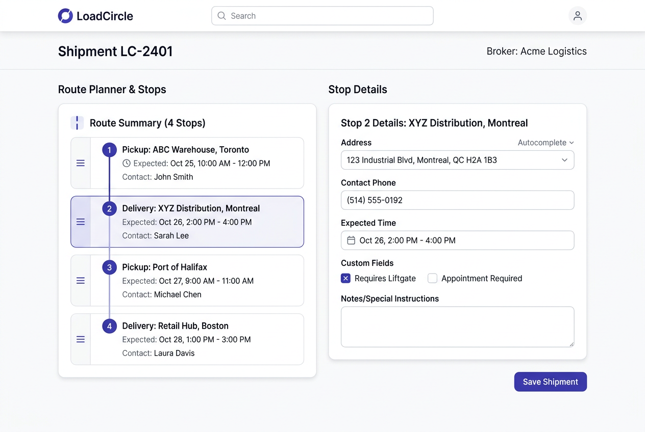 Multi-stop dispatch screen