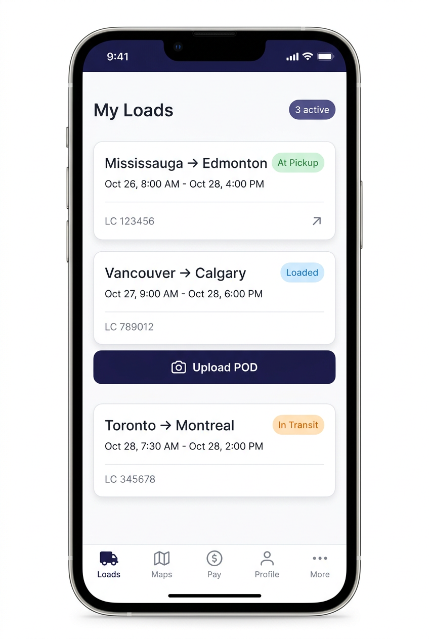 LoadCircle driver mobile app showing active load with POD upload action