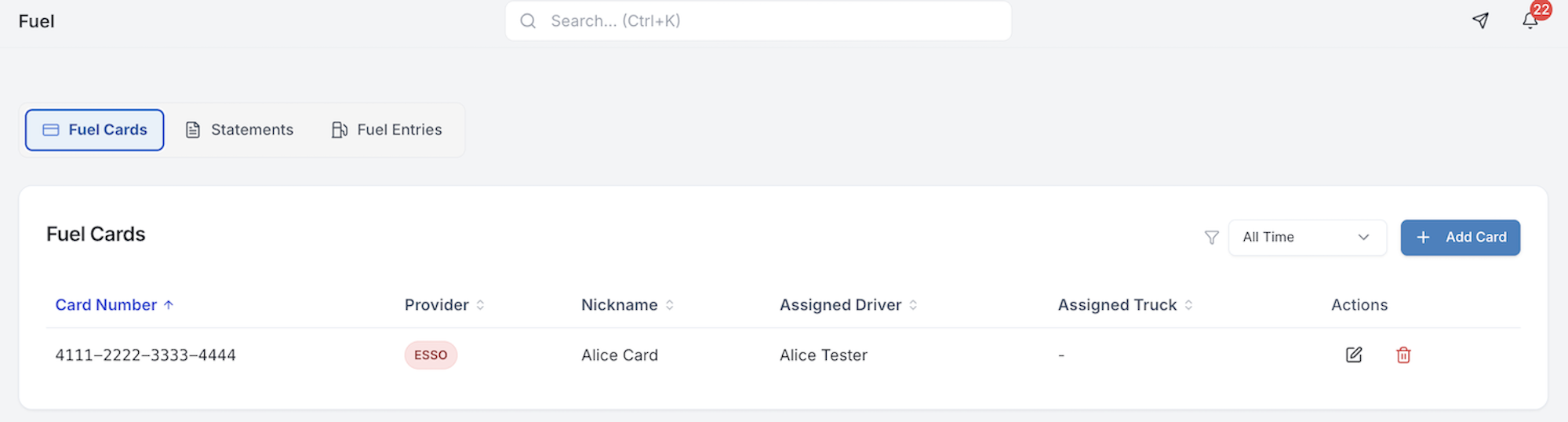 LoadCircle fuel cards table listing ESSO card with driver assignment and status