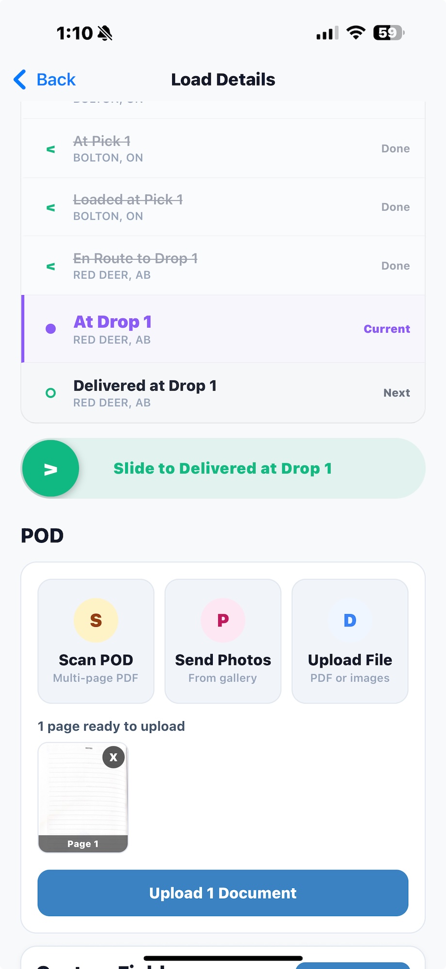 LoadCircle driver app POD screen showing Scan POD, Send Photos, and Upload File actions